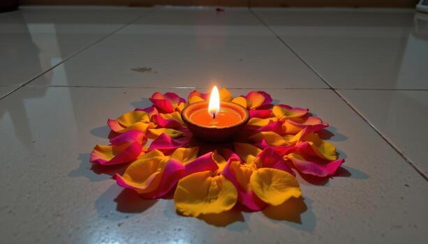 A diya lamp surrounded by flower petals forming a mandala pattern, glowing brightly against a dark background. photo