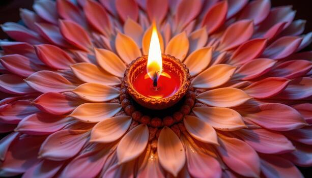 A diya lamp surrounded by petals forming a radiant circular pattern. photo
