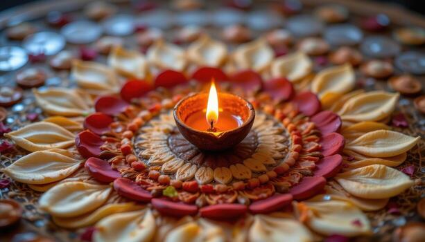 A diya lamp glowing in the center of concentric petal circles, creating a peaceful and sacred visual. photo