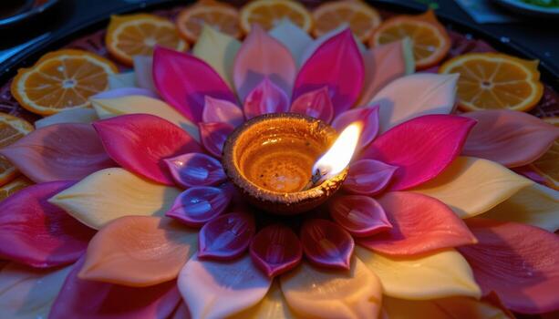 A diya lamp placed on a circular petal design, its flame gently illuminating the colors around it. photo