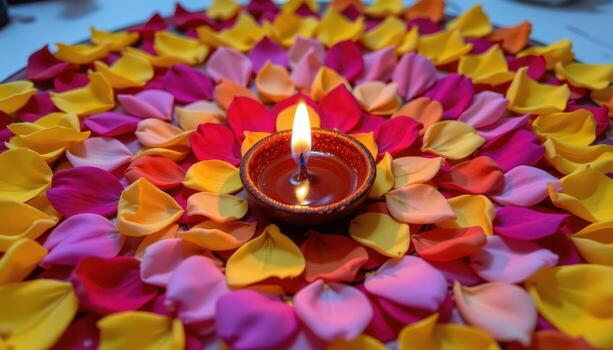 A diya lamp surrounded by colorful petals arranged neatly in layers. photo