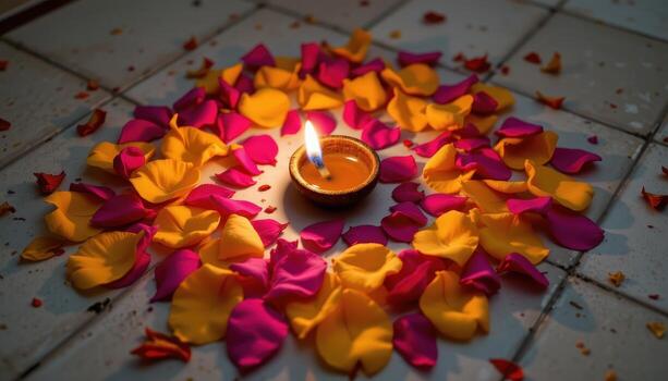 un soltero diya lámpara rodeado por flor pétalos arreglado pulcramente en un simétrico disposición. foto
