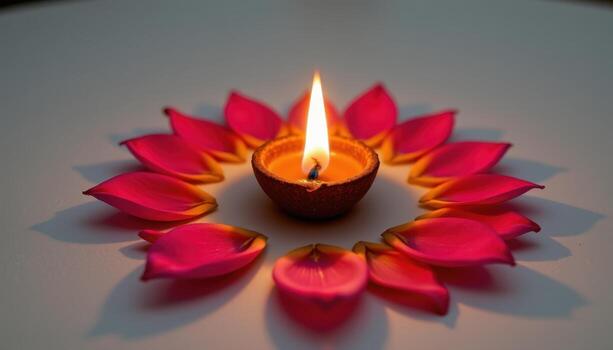 A single diya lamp surrounded by symmetrical patterns of petals, glowing with divine elegance. photo
