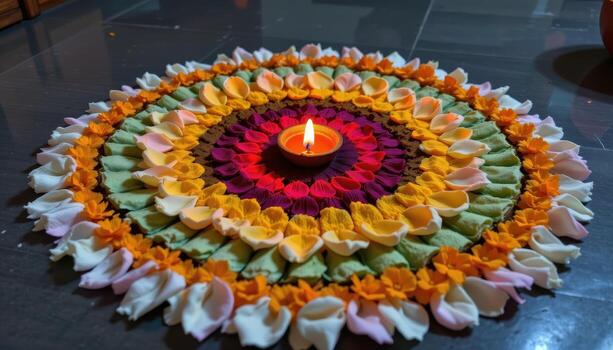 A single diya lamp placed in the center of a rangoli made entirely of flower petals, glowing brightly against a dark background. photo