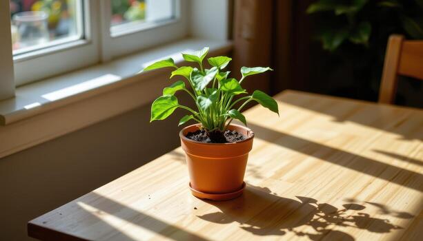 A potted plant is placed on a wooden table near the window, sunlight forming patterns of brightness and shade. photo