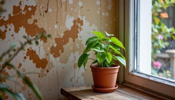 A potted plant is placed on a rustic table near the window, surrounded by warm, earthy tones. photo