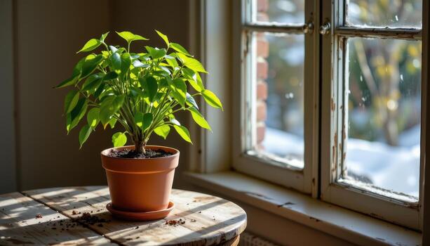 A potted plant is placed on a rustic table near the window, illuminated by natural rays of daylight. photo