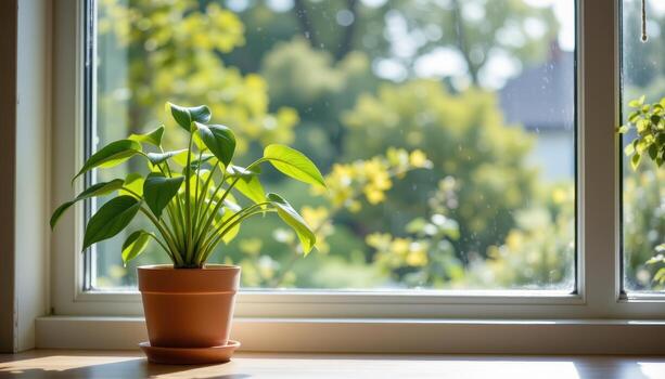 A potted plant is placed on a table by the window, softly illuminated by the brightness of day. photo