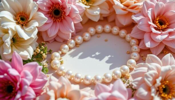 Natural pearls placed among pastel colored flowers, creating an elegant and harmonious composition with soft shadows. photo