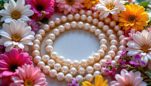 Natural pearls arranged in a circle around colorful flowers, glowing in subtle natural light. photo