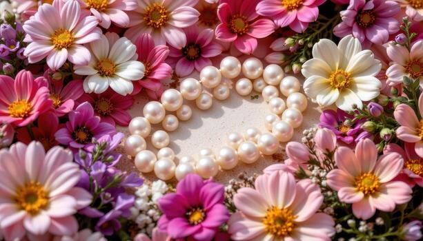 Natural pearls surrounded by a variety of flowers, illuminated by diffused light. photo