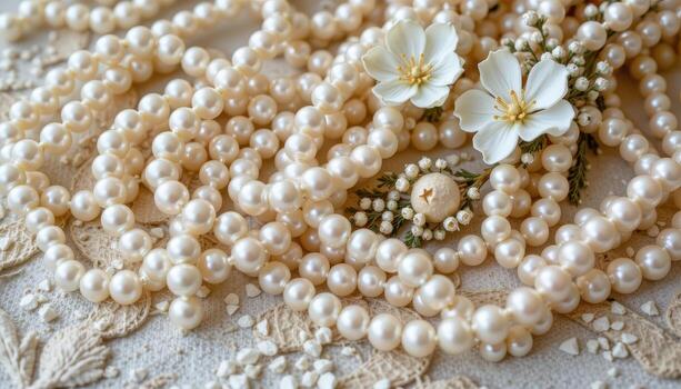 Natural pearls intertwined with floral textures, creating a serene and sophisticated visual. photo