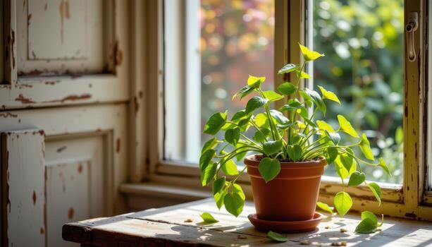 A potted plant is placed on a rustic table near the window, with sunlight warming its terracotta pot. photo