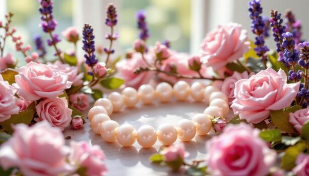 natural perlas rodeado por rosas y lavanda, iluminado por difundido luz. foto