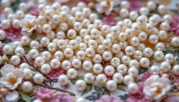 Natural pearls scattered across a floral composition, reflecting gentle highlights and shadows. photo