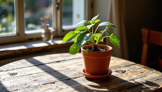 A potted plant is placed on a rustic table near the window, sunlight filtering through and highlighting its shape. photo