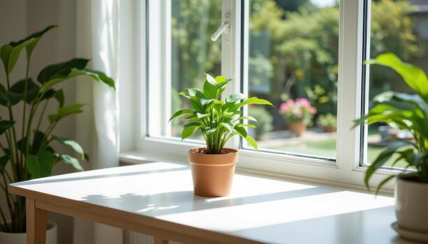 un en conserva planta es metido en un limpiar mesa cerca el ventana, rodeado por calma aire y difundido luz. foto
