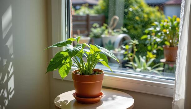 A potted plant is placed on a small table near the window, sunlight casting beautiful patterns across the surface. photo