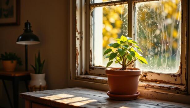 A potted plant is placed on a rustic table near the window, illuminated by warm golden afternoon rays. photo