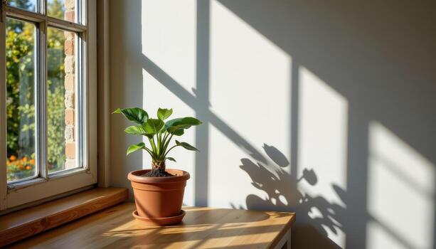 A potted plant is placed on a wooden table near the window, with sunlight painting soft patterns on the wall. photo