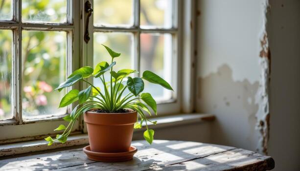 A potted plant is placed on a rustic table near the window, with natural light gently enhancing its form. photo