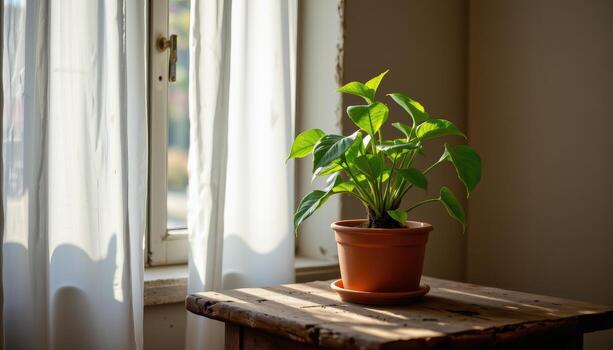 A potted plant is placed on a rustic table near the window, sunlight streaming through the curtain folds. photo