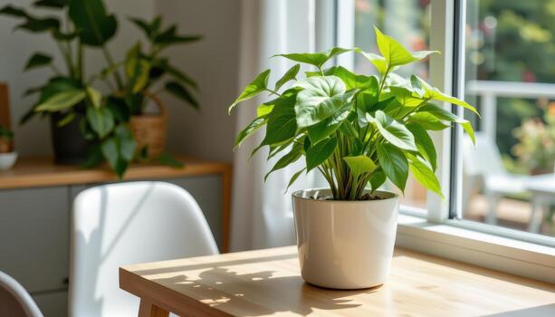 A potted plant is placed on a modern table near the window, surrounded by minimal and natural design. photo