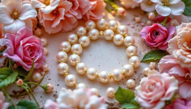 Natural pearls placed among floral patterns, glowing subtly under diffused light. photo