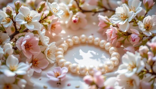 natural perlas acostado entre floreciente flores en un suave, difundido luz, creando un calma y lujoso atmósfera. foto