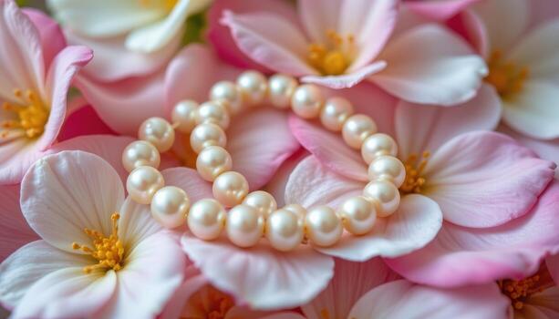 Natural pearls resting on flower petals, their delicate sheen complementing the softness of the blossoms. photo
