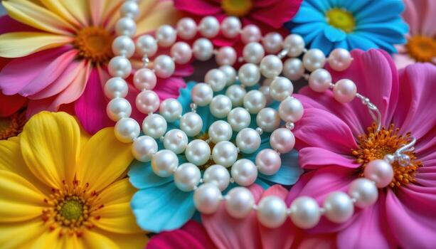 Natural pearls arranged on colorful petals, creating a harmonious blend of texture, color, and light. photo