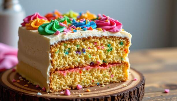 un arco iris capa pastel coronado con vistoso Crema, descansando en un rústico tablero debajo suave difundido luz. foto