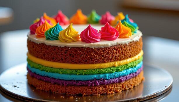 un arco iris capa pastel decorado con vibrante Crema picos, descansando en un reflexivo superficie suavemente iluminado por difundido ambiente ligero. foto