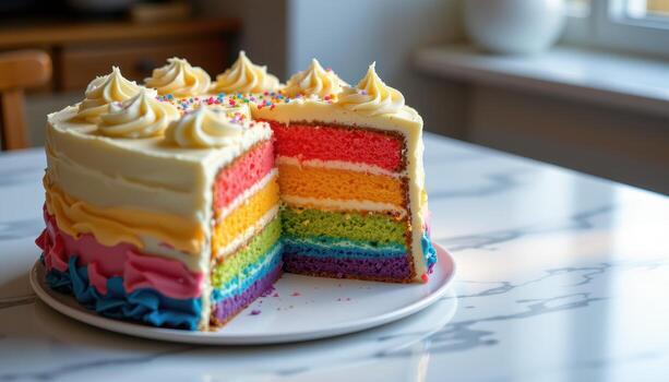 A rainbow layer cake with creamy frosting swirls, arranged on a polished surface glowing gently in diffused warm light. photo