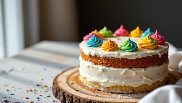 un arco iris capa pastel adornado con multicolor Crema picos, descansando en un rústico de madera tablero debajo difundido luz creando un sereno, festivo atmósfera. foto
