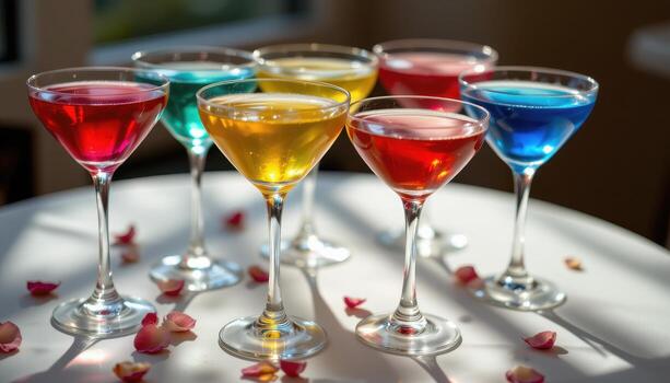 Colorful cocktails in elegant glasses with petals, glowing softly under diffused natural light and casting subtle shadows. photo