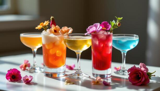 vistoso cócteles en corto lentes adornado con comestible flores, suavemente iluminado por difundido luz de sol y rodeado por sutil reflexiones foto