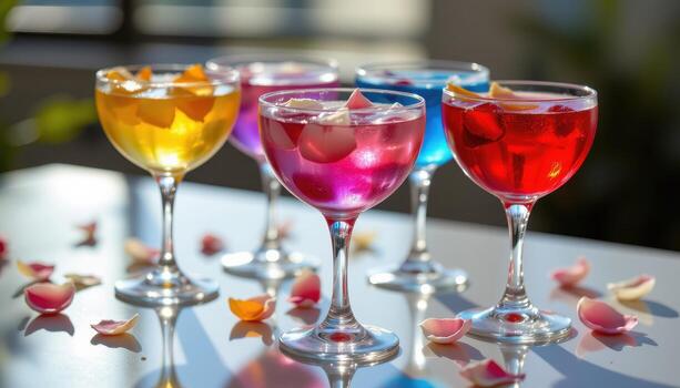 vistoso cócteles con flotante pétalos, arreglado en un suave superficie con sutil reflexiones y suave difundido luz de sol. foto