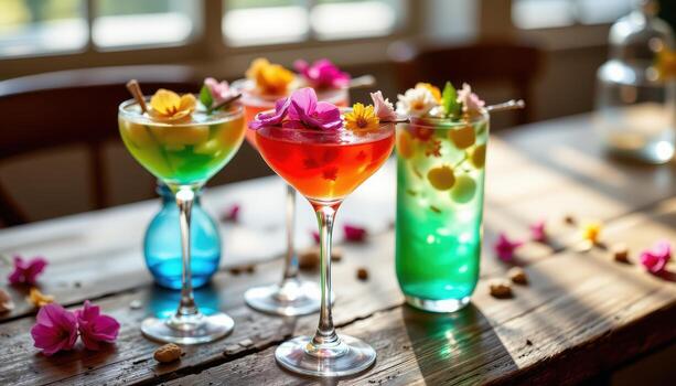 vistoso cócteles adornado con flores, brillante naturalmente debajo difundido ligero en un rústico de madera mesa creando un elegante escena. foto