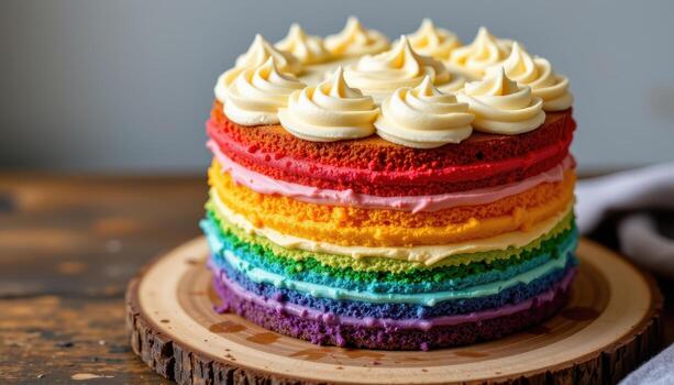 A rainbow layer cake topped with creamy swirled frosting, placed on a rustic wooden board under soft diffused light. photo