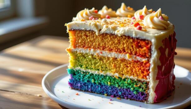 un arco iris capa pastel con vibrante Crema capas, brillante suavemente en un de madera superficie debajo difundido luz. foto