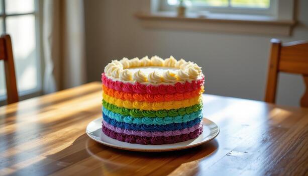 un arco iris capa pastel decorado con vibrante Crema capas, metido en un pulido de madera mesa brillante suavemente en difundido luz de sol. foto