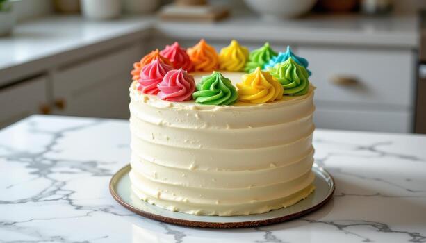 un arco iris capa pastel con vibrante Crema picos, metido en un pulido mármol encimera debajo suave difundido luz. foto