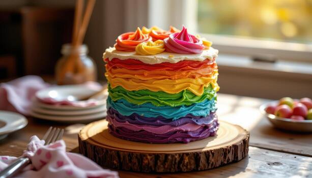 un arco iris capa pastel decorado con arremolinado Crema capas, brillante suavemente en un rústico de madera tablero debajo difundido luz de sol. foto