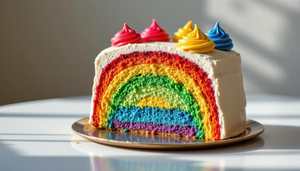 un arco iris capa pastel decorado con vibrante Crema picos, metido en un reflexivo superficie suavemente iluminado por difundido luz de sol. foto