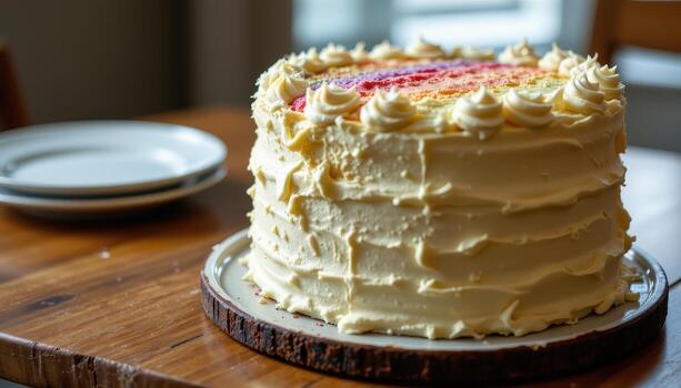 A rainbow layer cake topped with creamy frosting layers, resting on a wooden table softly illuminated by diffused light. photo