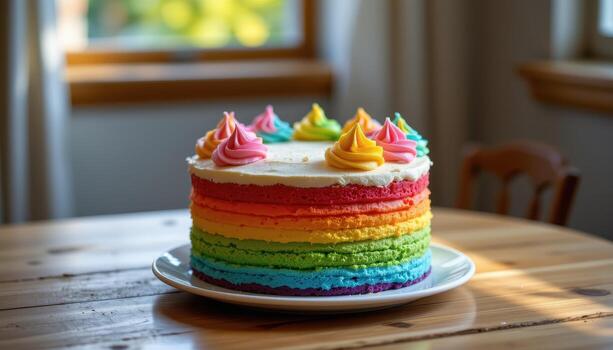 un arco iris capa pastel con pastel Crema picos, arreglado en un de madera mesa brillante suavemente debajo difundido ambiente luz de sol. foto