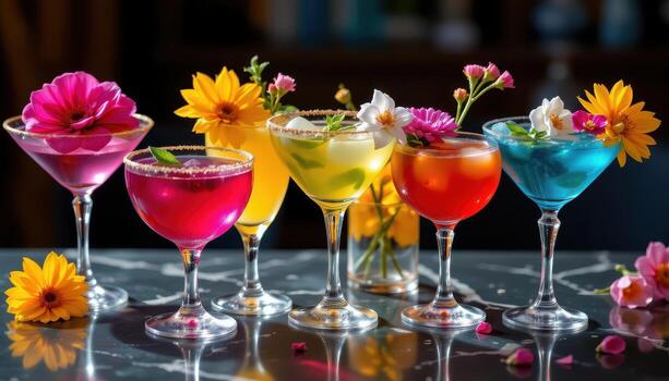Colorful cocktails adorned with vibrant flowers, reflecting soft light and creating an elegant visual composition. photo