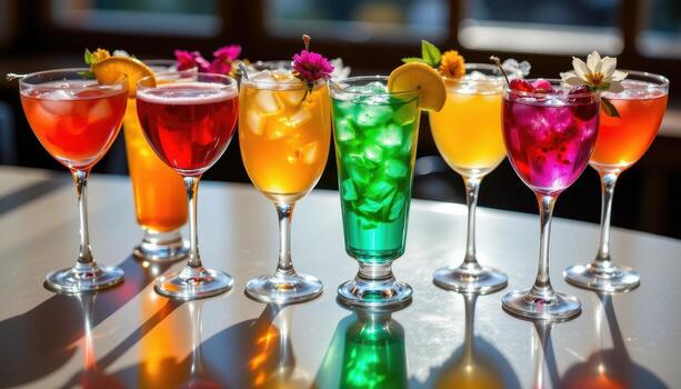 Colorful cocktails in tall glasses garnished with flowers, each drink catching sunlight and creating shimmering reflections on the surface below. photo