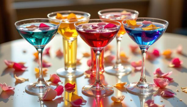 vistoso cócteles con flotante pétalos, arreglado esmeradamente en un reflexivo superficie debajo cálido, difundido luz de sol. foto